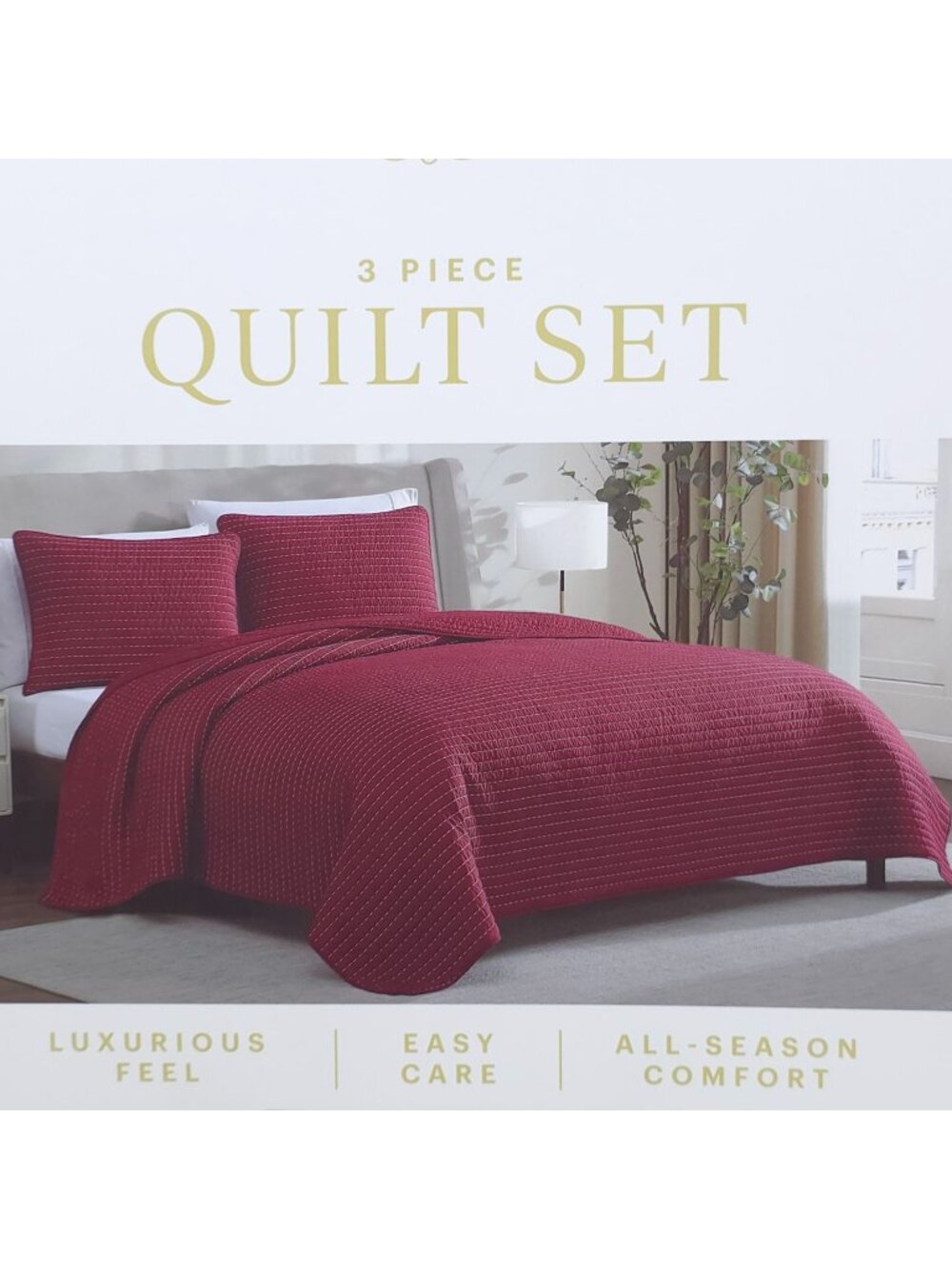 Lenox 3-Piece King Quilt Set Luxurious Feel Easy Care Red Pin Stripes Holiday